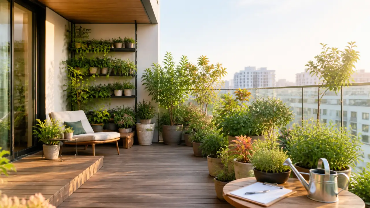 Terrasse végétale élégante baignée de lumière naturelle avec plantes en bacs design