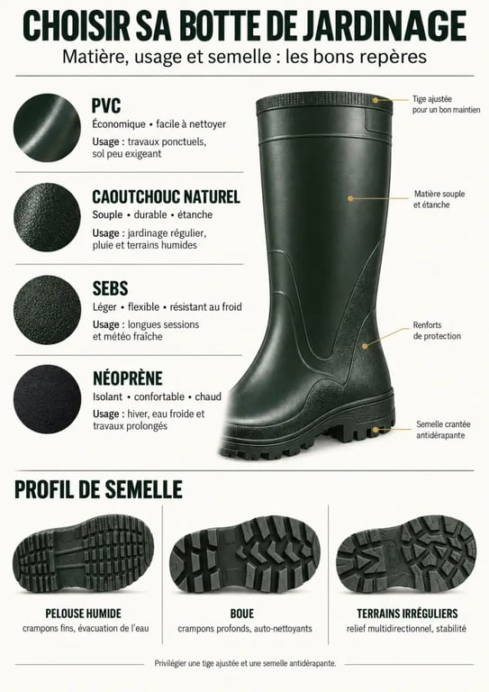 Infographie pour choisir une botte de jardinage selon le matériau et le type de semelle