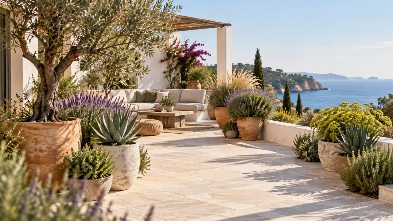 Terrasse plein sud aménagée avec des plantes résistantes au soleil