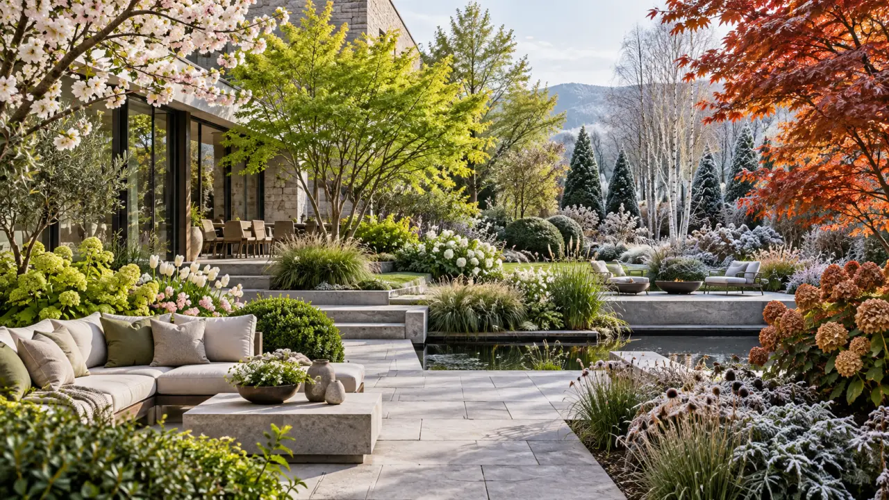 Jardin élégant composé de végétaux aux couleurs et textures variées au fil des saisons