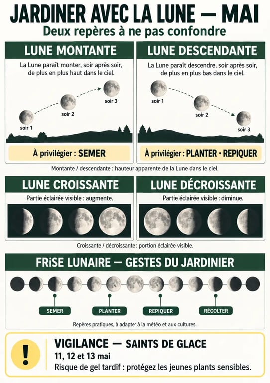 Infographie pour jardiner avec la lune en mai : lune montante, lune descendante et Saints de glace