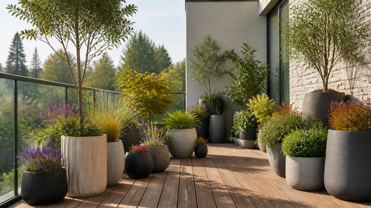 Terrasse design élégante avec végétation harmonieuse et lumière naturelle