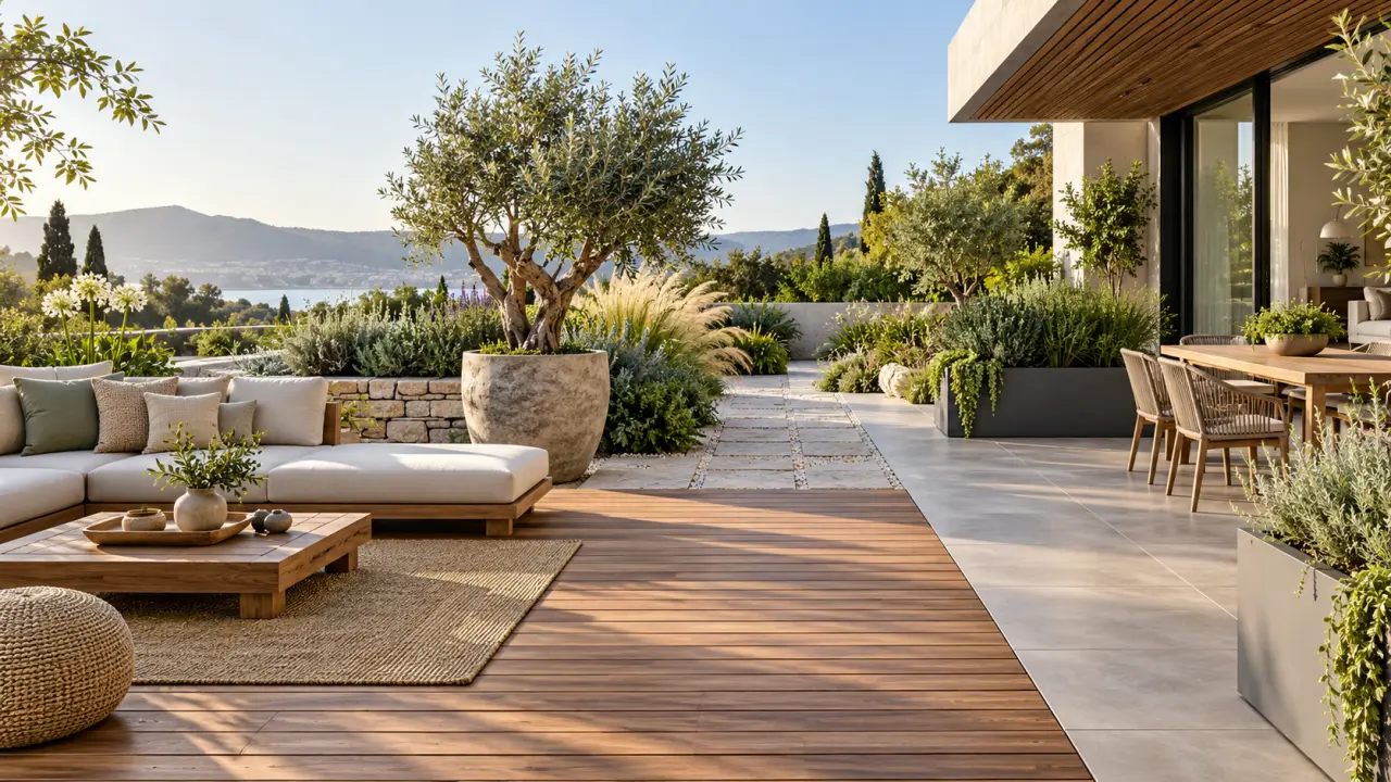 Terrasse végétalisée élégante mêlant mobilier contemporain et plantes luxuriantes