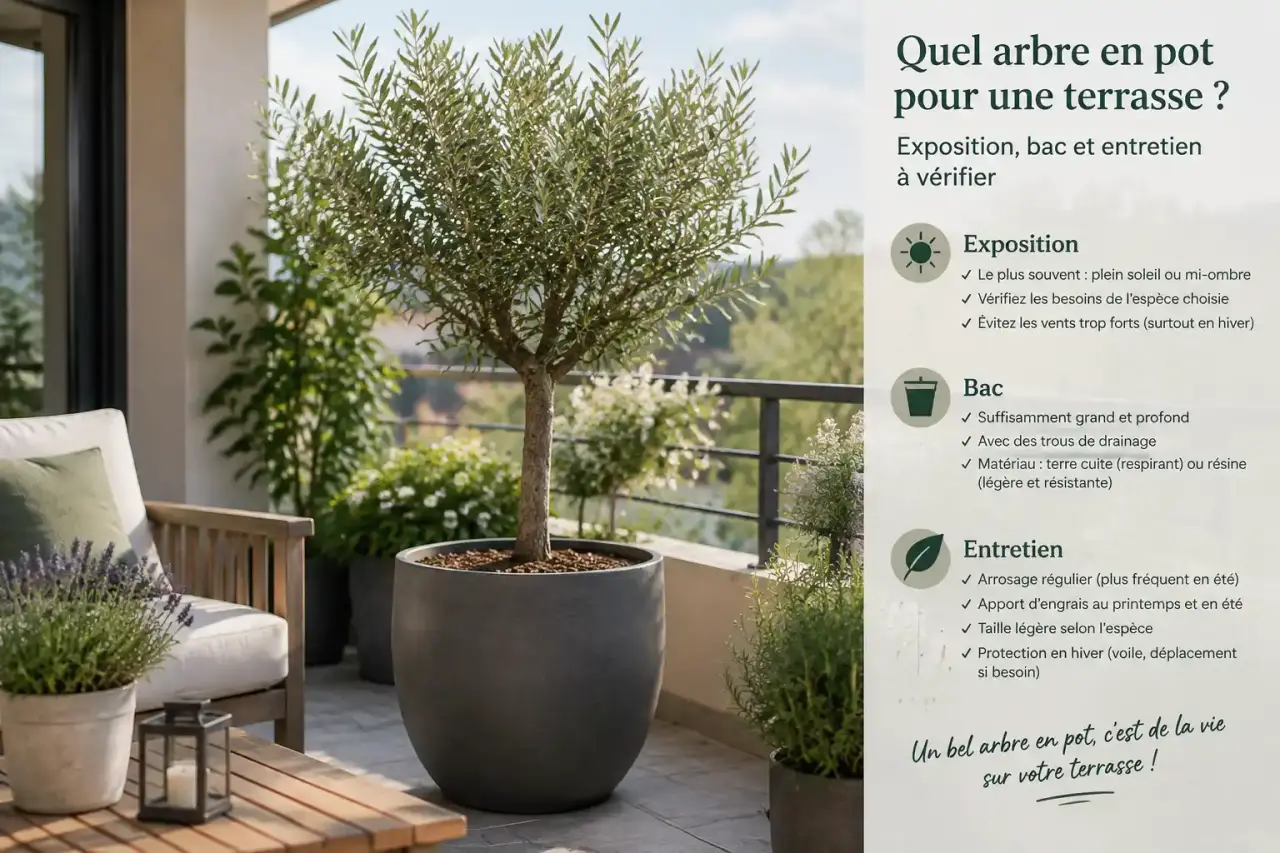 Quel arbre en pot pour une terrasse ? Exposition, bac et entretien à vérifier