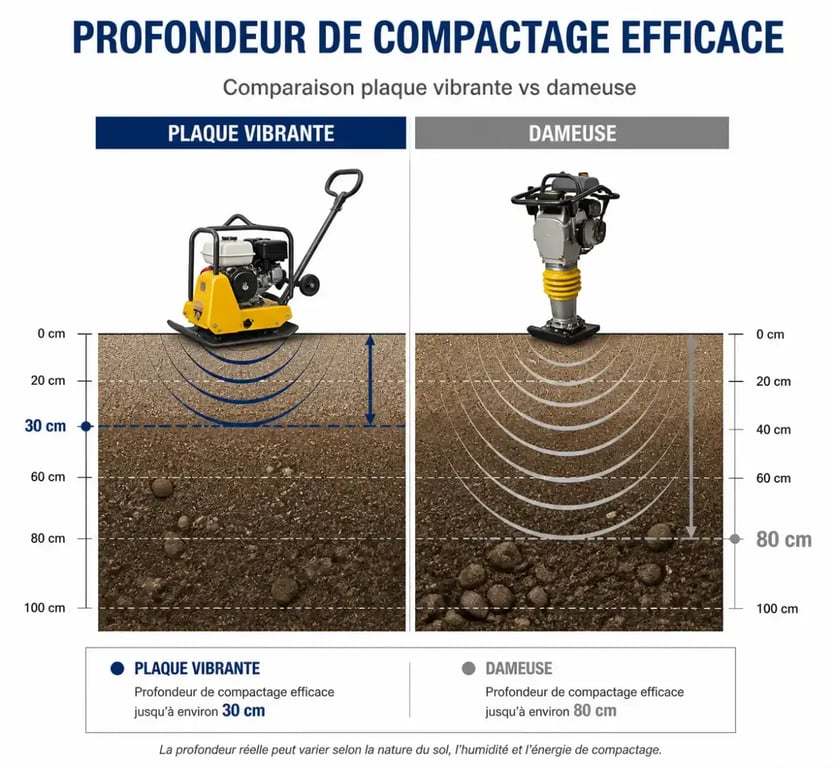 Profondeur de compactage selon l'outil : plaque vibrante vs dameuse