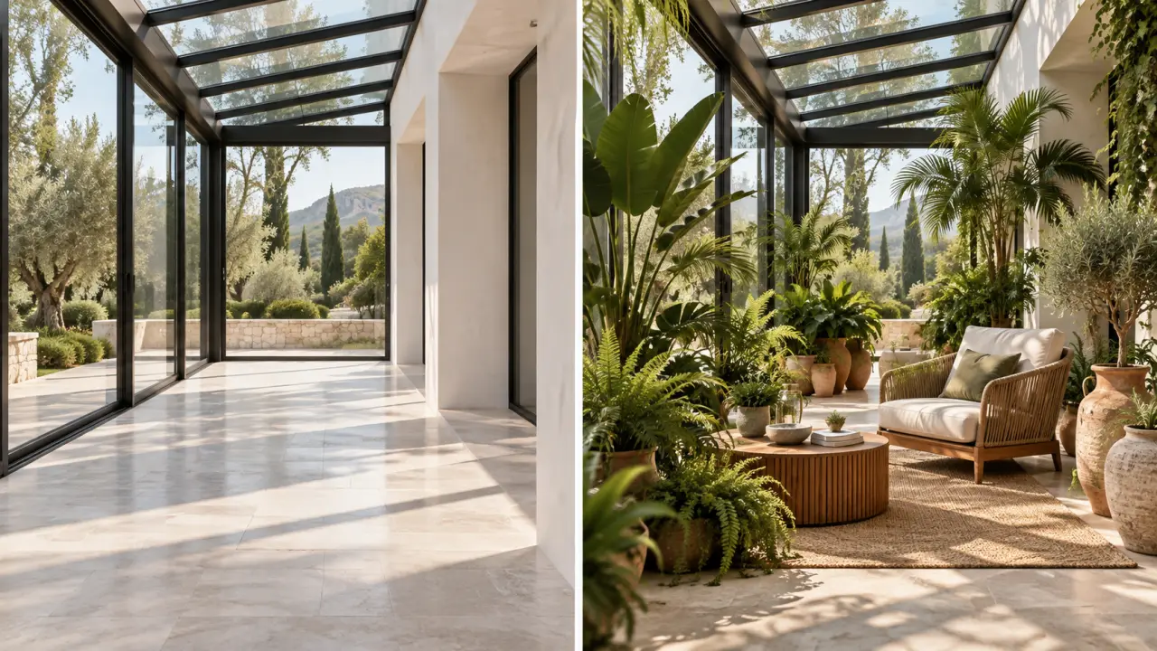Véranda lumineuse transformée en jardin d’hiver avec plantes luxuriantes et mobilier élégant