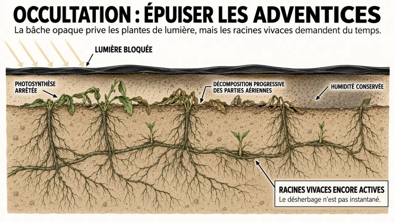 Schéma du fonctionnement d'une bâche noire au jardin et de l'occultation des mauvaises herbes