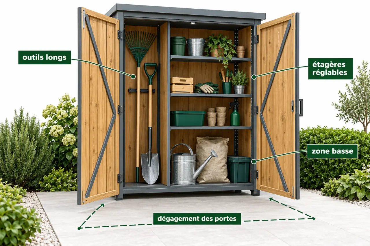 Armoire outils jardin ouverte avec rangement vertical, étagères et espace de dégagement