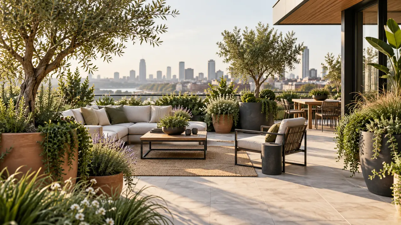 Terrasse élégante végétalisée avec des plantes en pots, des graminées et un mobilier contemporain