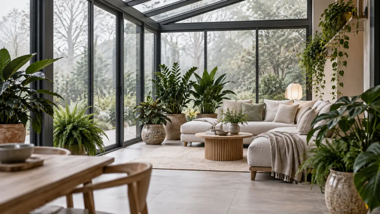 Véranda élégante végétalisée avec des plantes adaptées à une faible luminosité