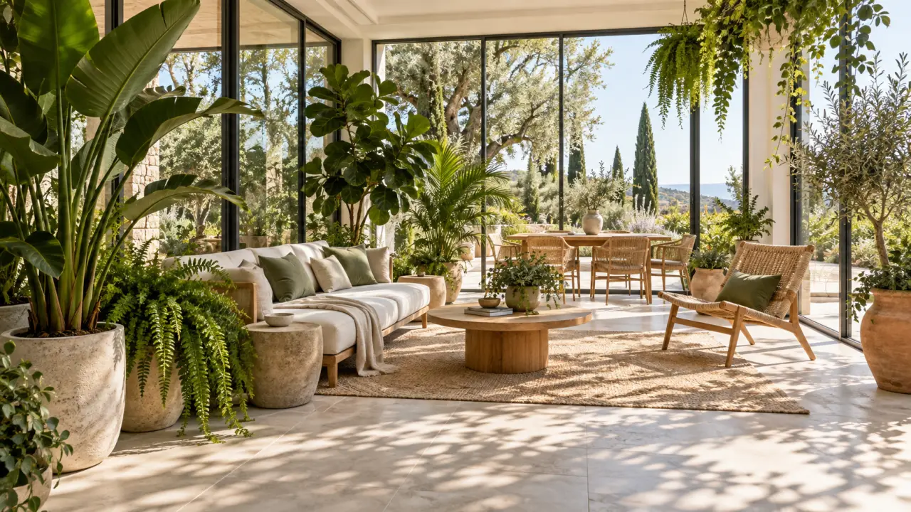 Véranda contemporaine plein sud aménagée avec des plantes luxuriantes