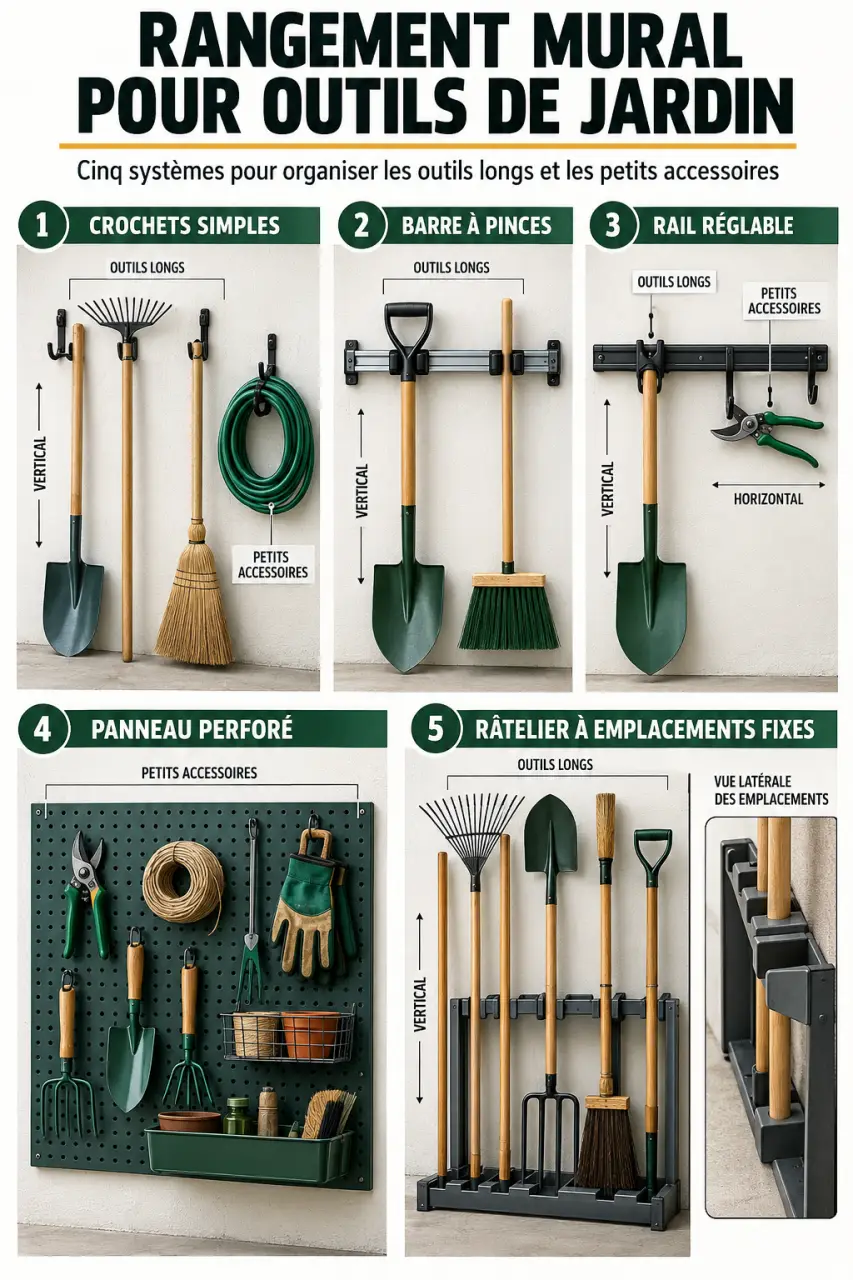 Infographie des systèmes de support mural pour outils de jardin