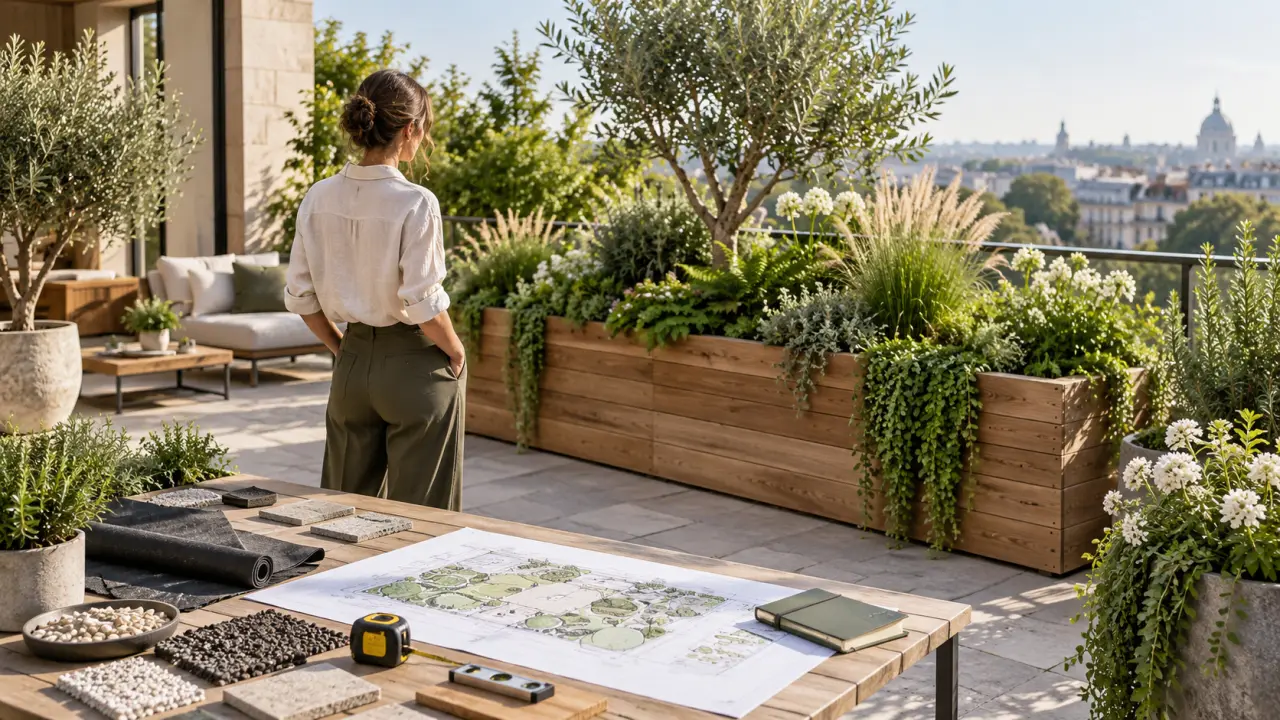 Terrasse élégante végétalisée avec des plantes adaptées à un espace extérieur urbain