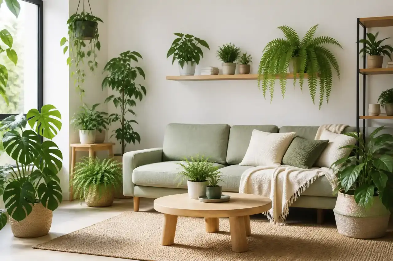 Salon moderne lumineux avec plantes tropicales, parquet chaleureux et ambiance végétale durable