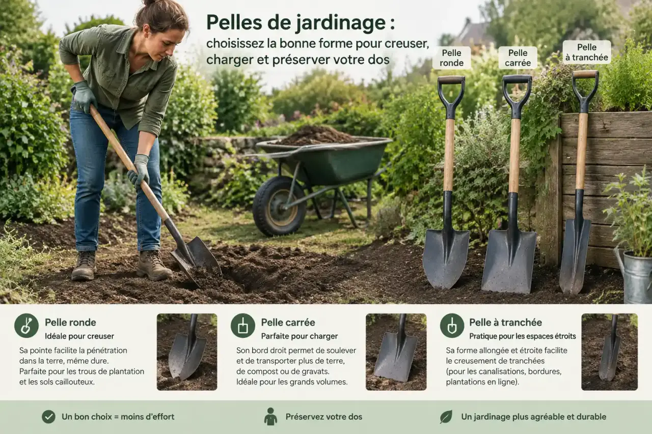 Pelles de jardinage : choisissez la bonne forme pour creuser, charger et préserver votre dos