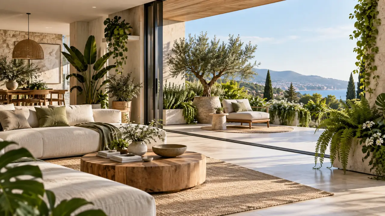 Salon contemporain ouvert sur un jardin intérieur luxuriant