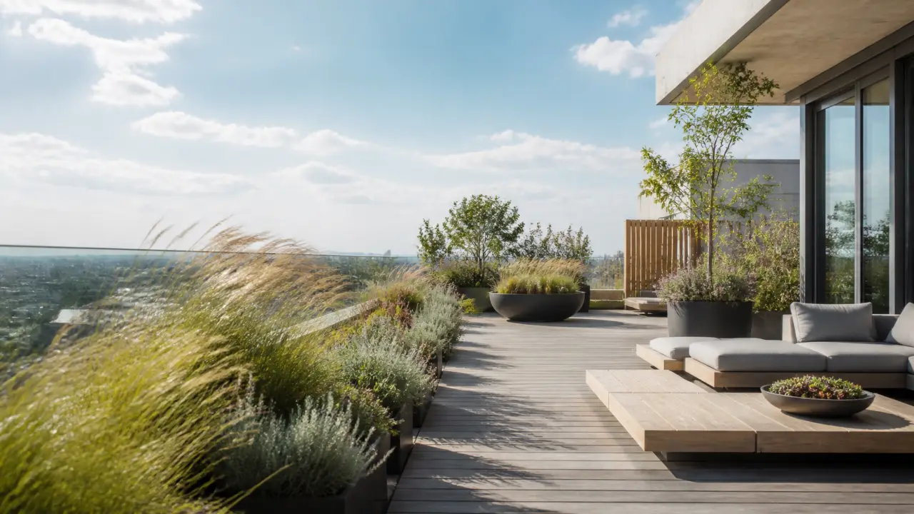 Terrasse végétalisée en plein vent avec bacs élégants et plantes graphiques