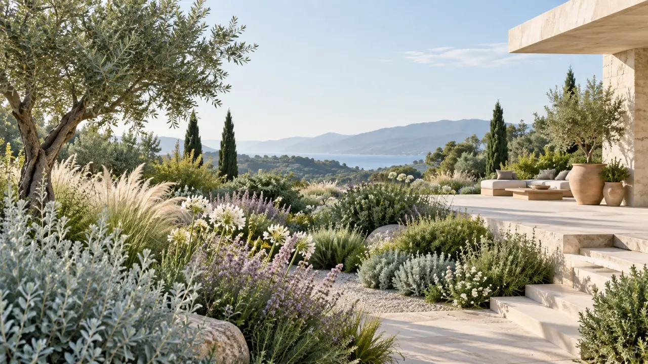 Jardin élégant composé de plantes aux floraisons et feuillages saisonniers