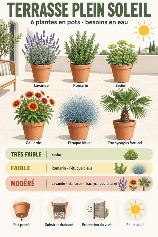 Infographie des plantes de terrasse plein soleil classées selon leurs besoins en eau et leur usage en pot