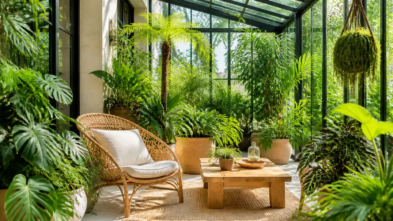 Véranda jungle chic lumineuse avec plantes tropicales, matières naturelles et ambiance haut de gamme