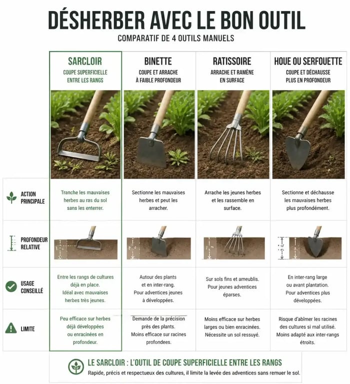 Infographie des sarcloirs, binettes, ratissoires et houes selon leur action et leur usage