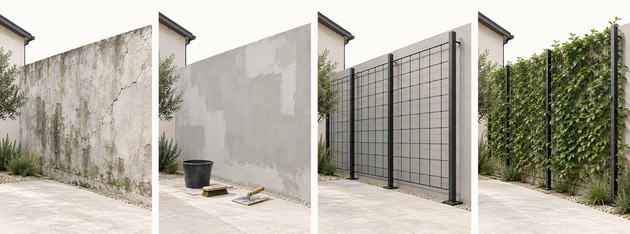 Illustration des étapes pour comment cacher un vilain mur extérieur avec préparation, treillage et plantes
