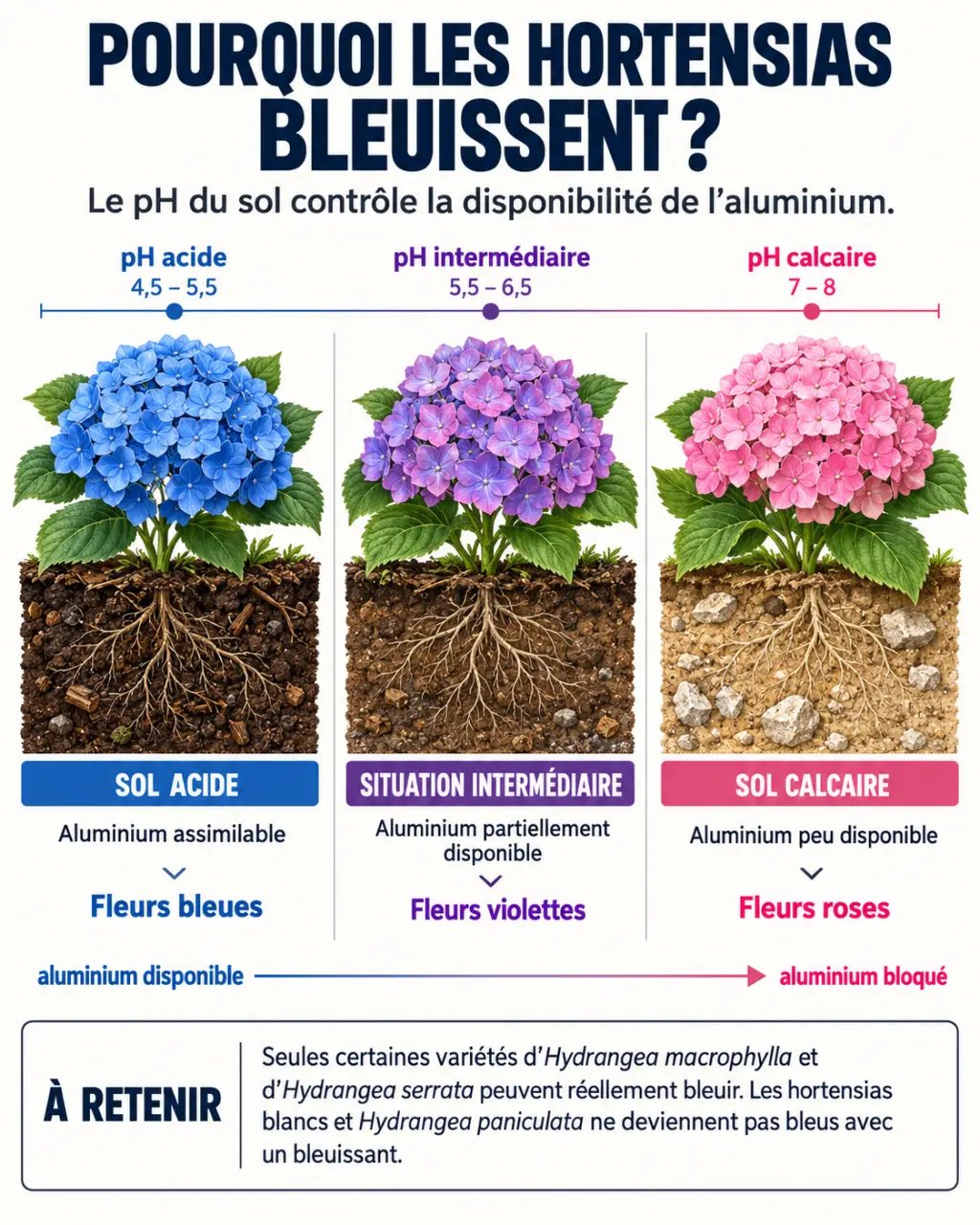 Infographie sur l’hortentia bleu, le pH du sol, l’aluminium assimilable et le changement de couleur des fleurs