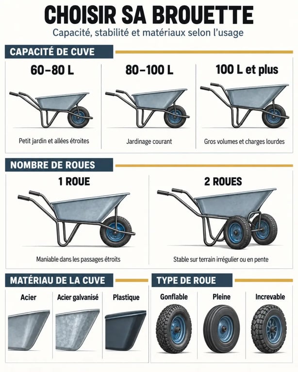 Infographie comparative pour choisir une brouette pour jardinage selon la capacité, le matériau et le type de roue