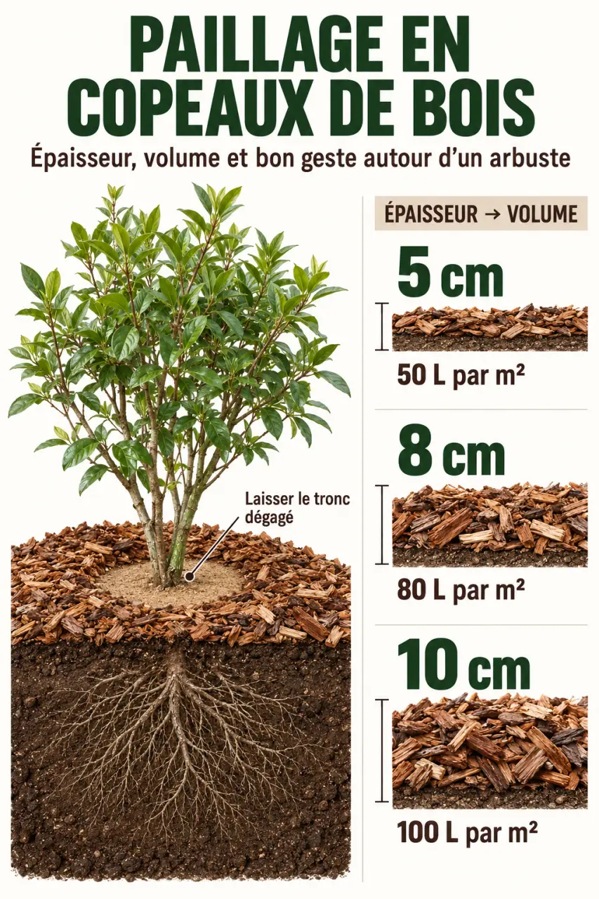 Infographie sur le jardin copeaux de bois avec les épaisseurs et volumes de paillage