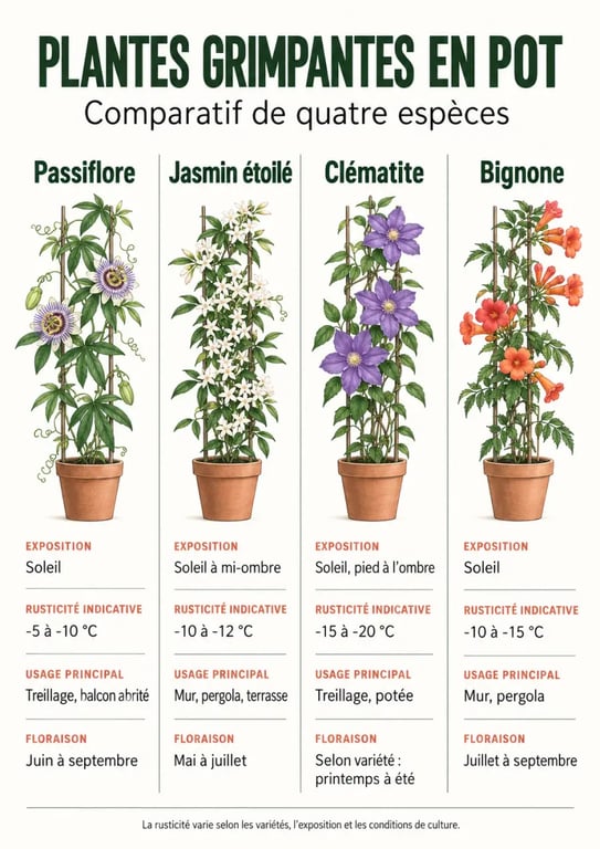 Plantes grimpantes en pot : comparaison de la passiflore, du jasmin étoilé, de la clématite et de la bignone