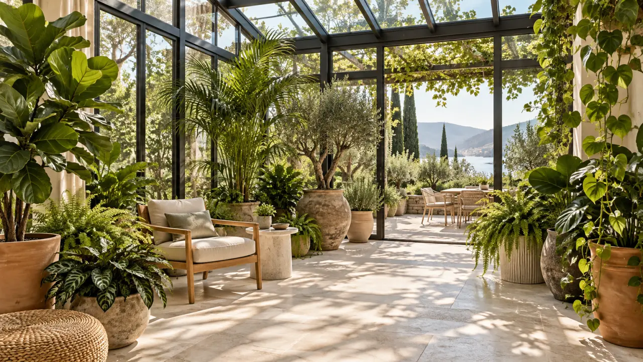 Véranda lumineuse aménagée avec des plantes élégantes et luxuriantes
