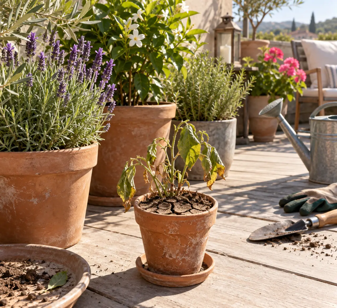 Sur une terrasse plein soleil, le pot trop petit assoiffe les plantes avant l’été