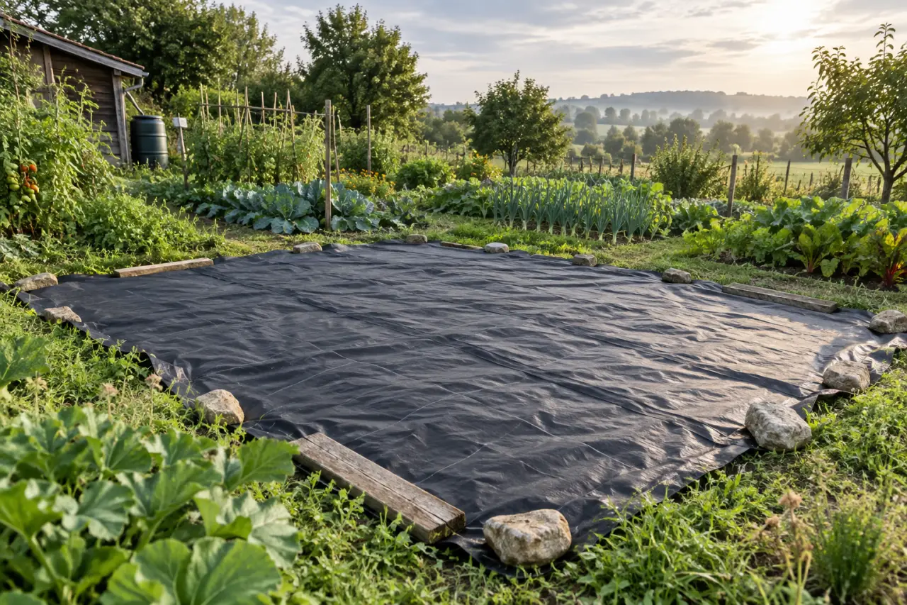 Bâche noire au jardin : 6 à 8 semaines pour maîtriser l’enherbement sans retourner le sol