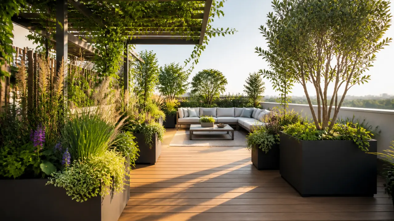 Terrasse végétalisée élégante avec bacs raffinés, lumière naturelle et composition luxueuse
