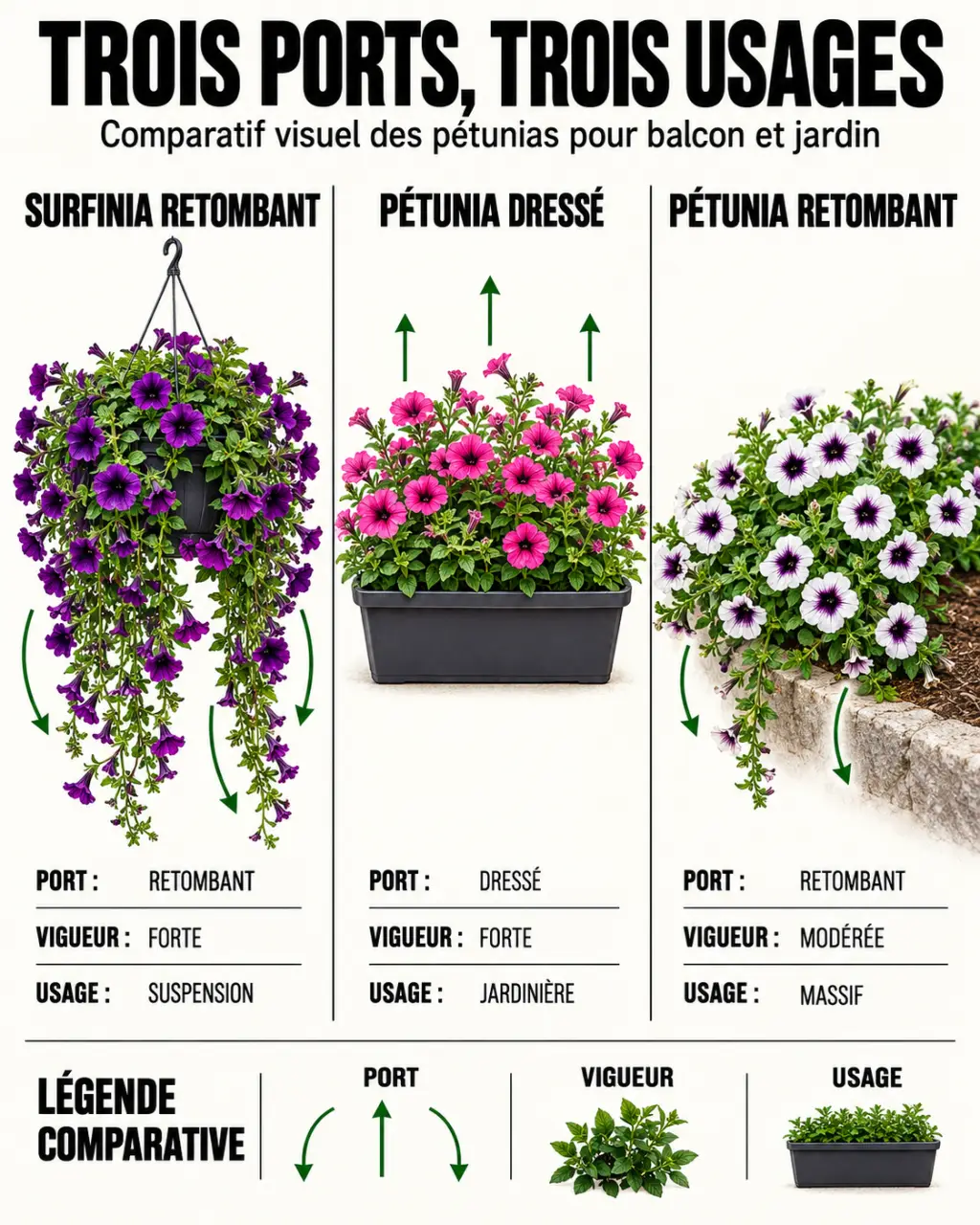 Infographie comparant les surfinias, les pétunias dressés et les pétunias retombants