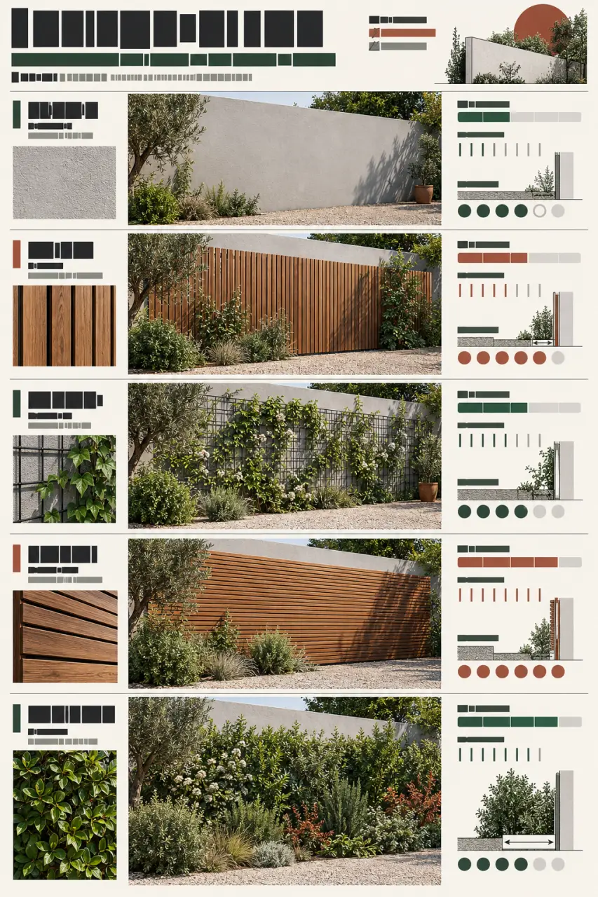 Infographie comparative pour choisir comment cacher un vilain mur extérieur selon l’entretien et la rapidité