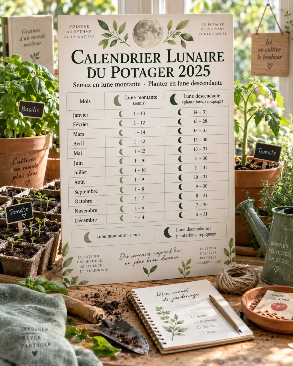 Calendrier lunaire du potager 2025 : semez en lune montante, plantez en lune descendante