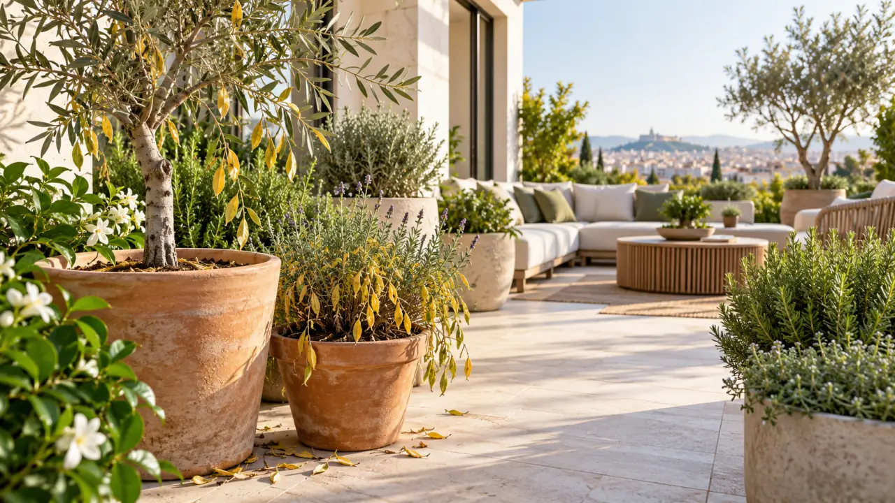 Plantes de terrasse disposées dans des jardinières élégantes et baignées de lumière