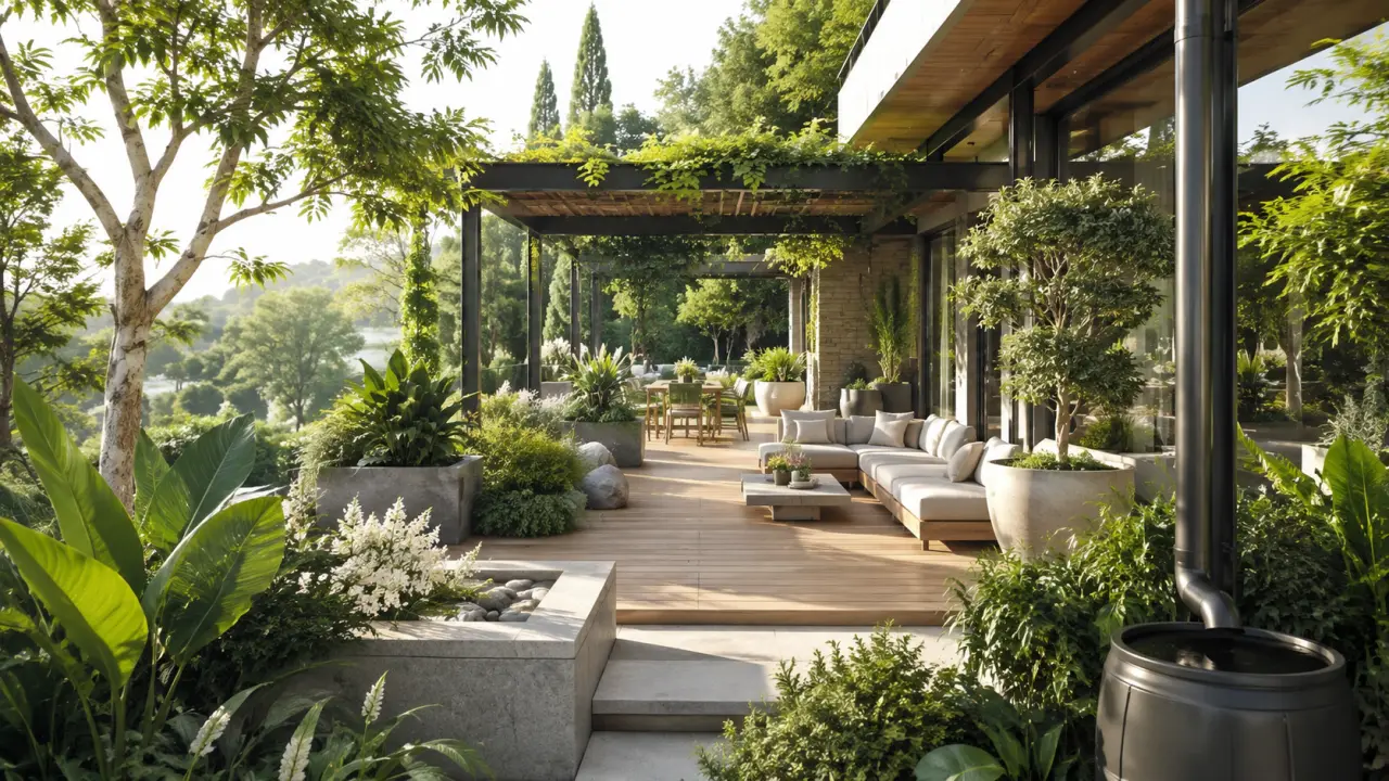 Terrasse biophilique élégante mêlant essences rares, matières nobles et lumière naturelle
