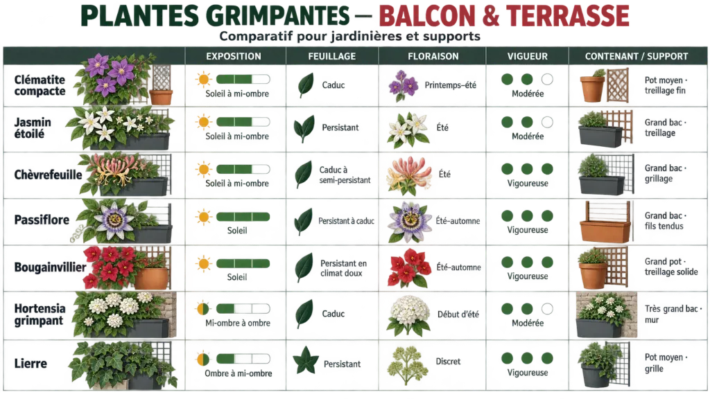Comparaison de plantes grimpantes pour jardinière selon l’exposition, la floraison et la vigueur