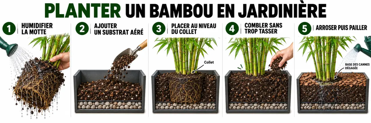 Plantation de bambous dans une jardinière avec substrat, drainage, arrosage et paillage