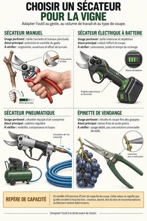 Infographie comparative des technologies de sécateur vignes et de l’épinette de vendange