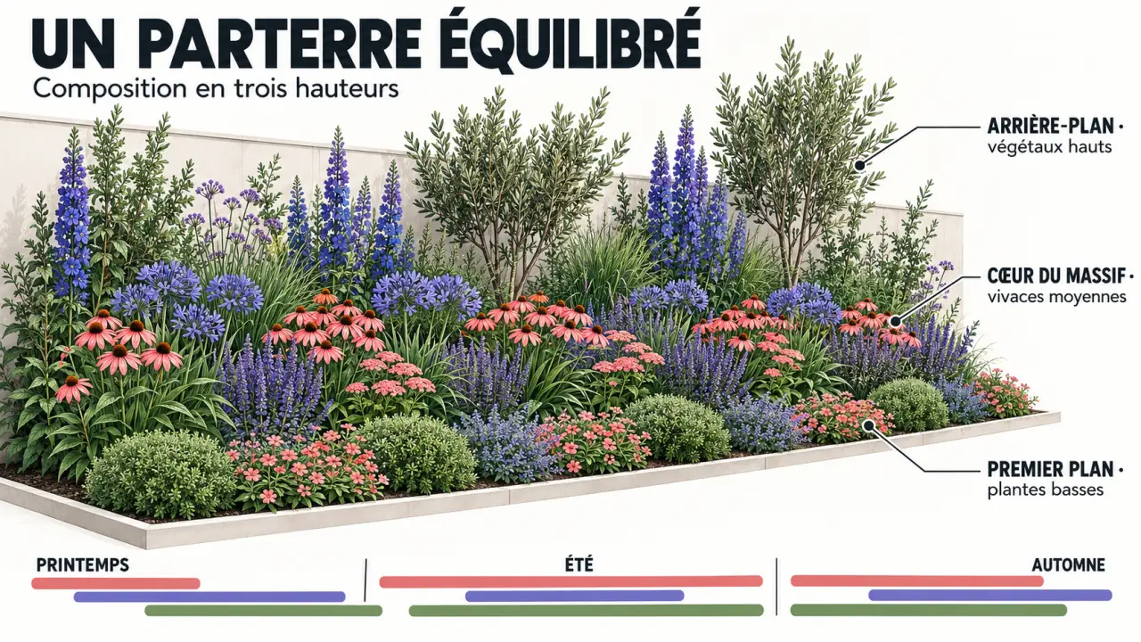 Infographie illustrant la composition équilibrée d’un parterre de fleurs avec plusieurs hauteurs et floraisons