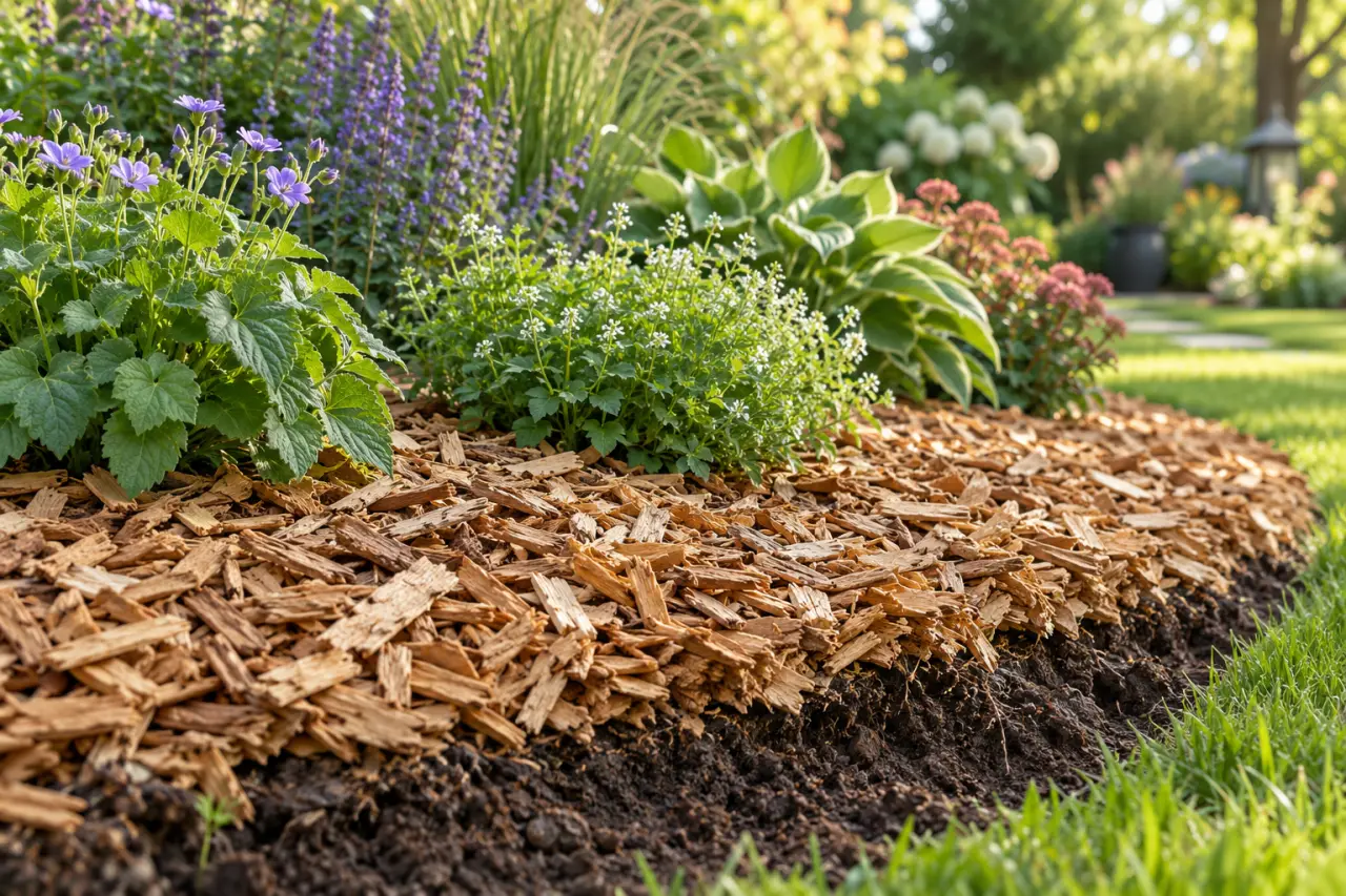 Copeaux de bois au jardin : une couche trop fine perd son effet, 5 à 8 cm protègent le sol